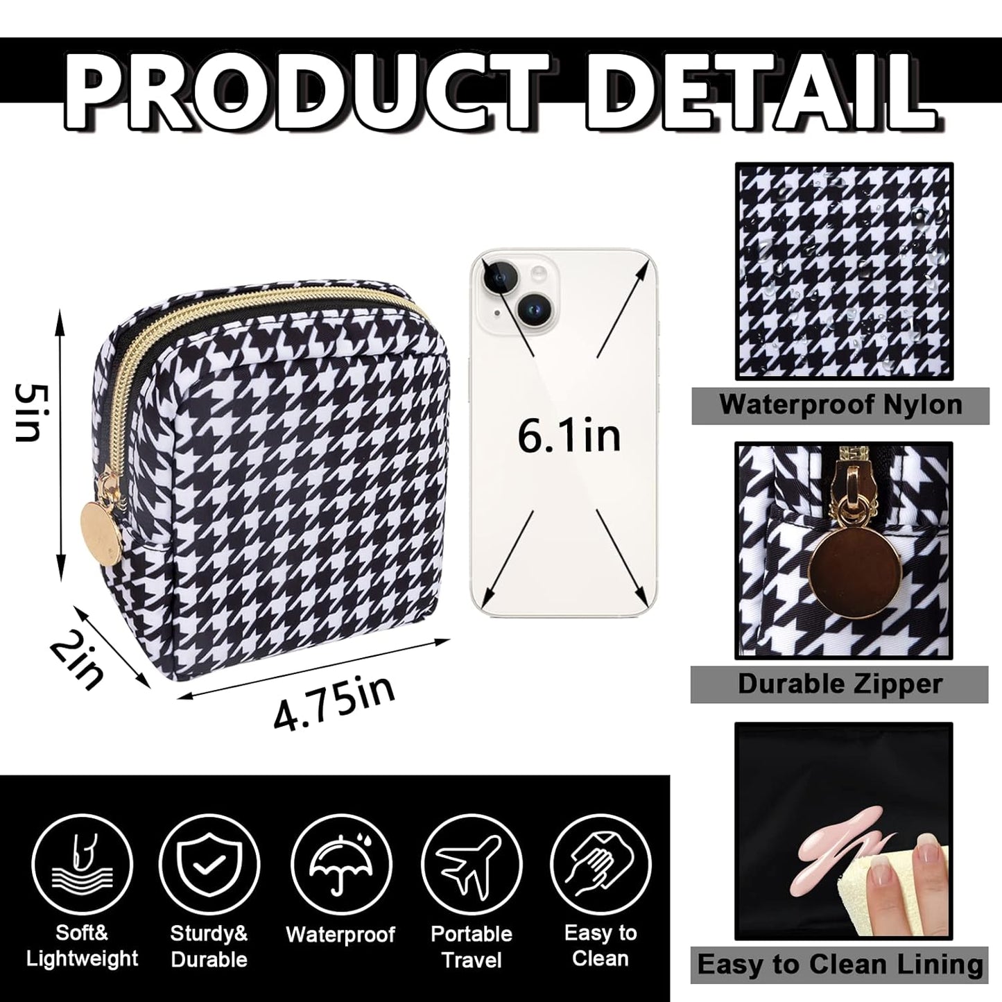 Mini Makeup Pouch for Purse， Small Cosmetic Bag Pouch Nylon Travel Toiletry Organizers for Women Girls, Cute Storage Zipper Pouch Coin Purse for School Work Camping(Mini-Houndstooth)