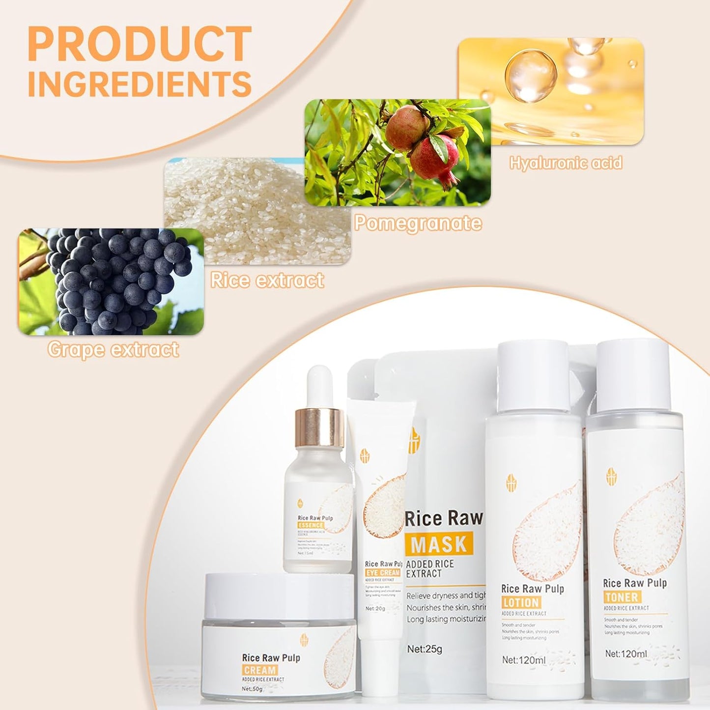 Rice Skin Care Sets For Women, 5/6Pcs Skin Care Kit, Moisturizing Skin Care Gift Set , Face Care Kit Inclusde Rice Mask, Cleanser, Toner, Lotion, Eyecream, Face Serum (5pcs Rice Raw Pulp)