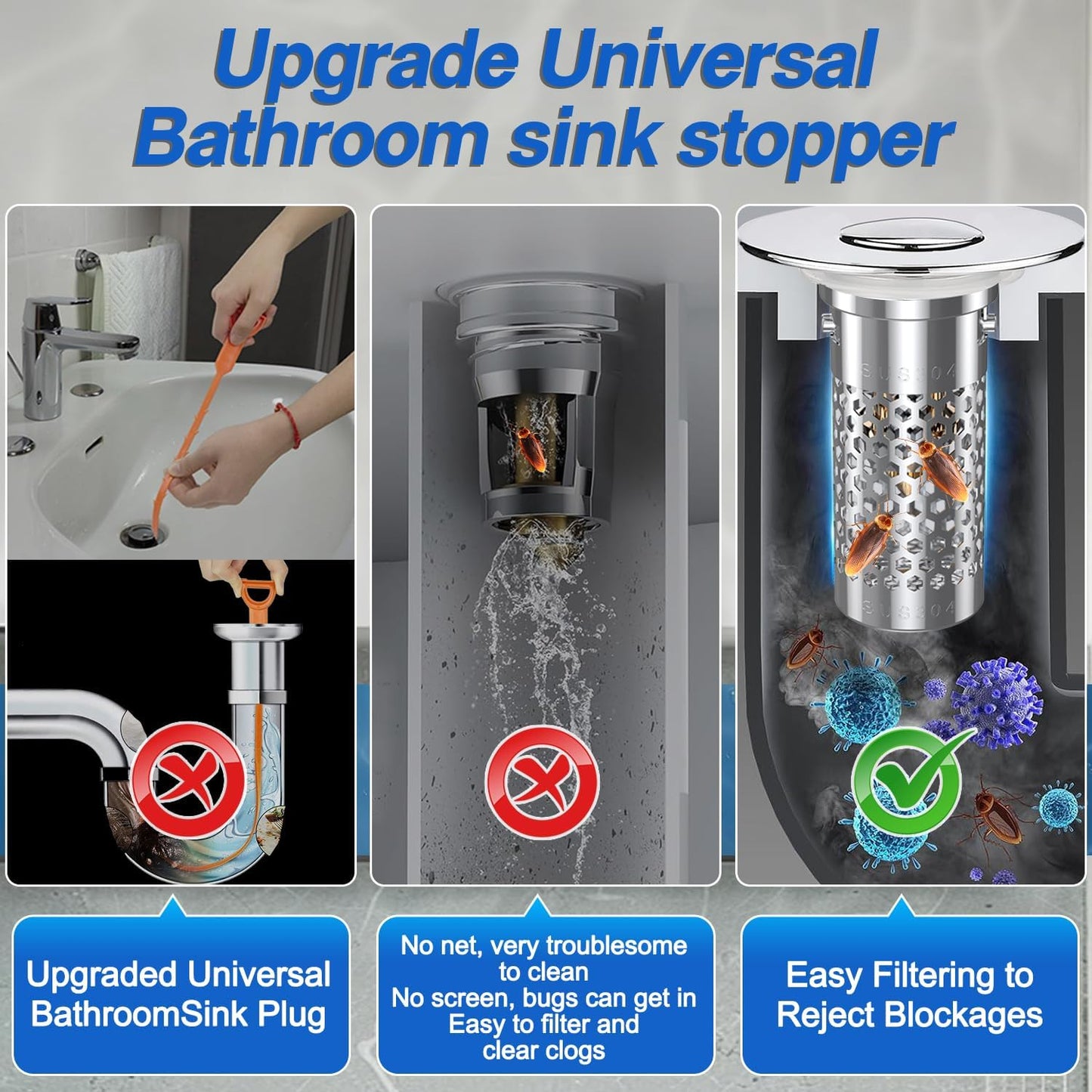 Sink Stopper Hair Catcher(New-2PCS), Pop-up Sink Drain Strainer with Removable Stainless Steel Strainer Basket Hair Catcher, Bathroom Sink Strainer for Bathroom Sink Stopper Replacement.