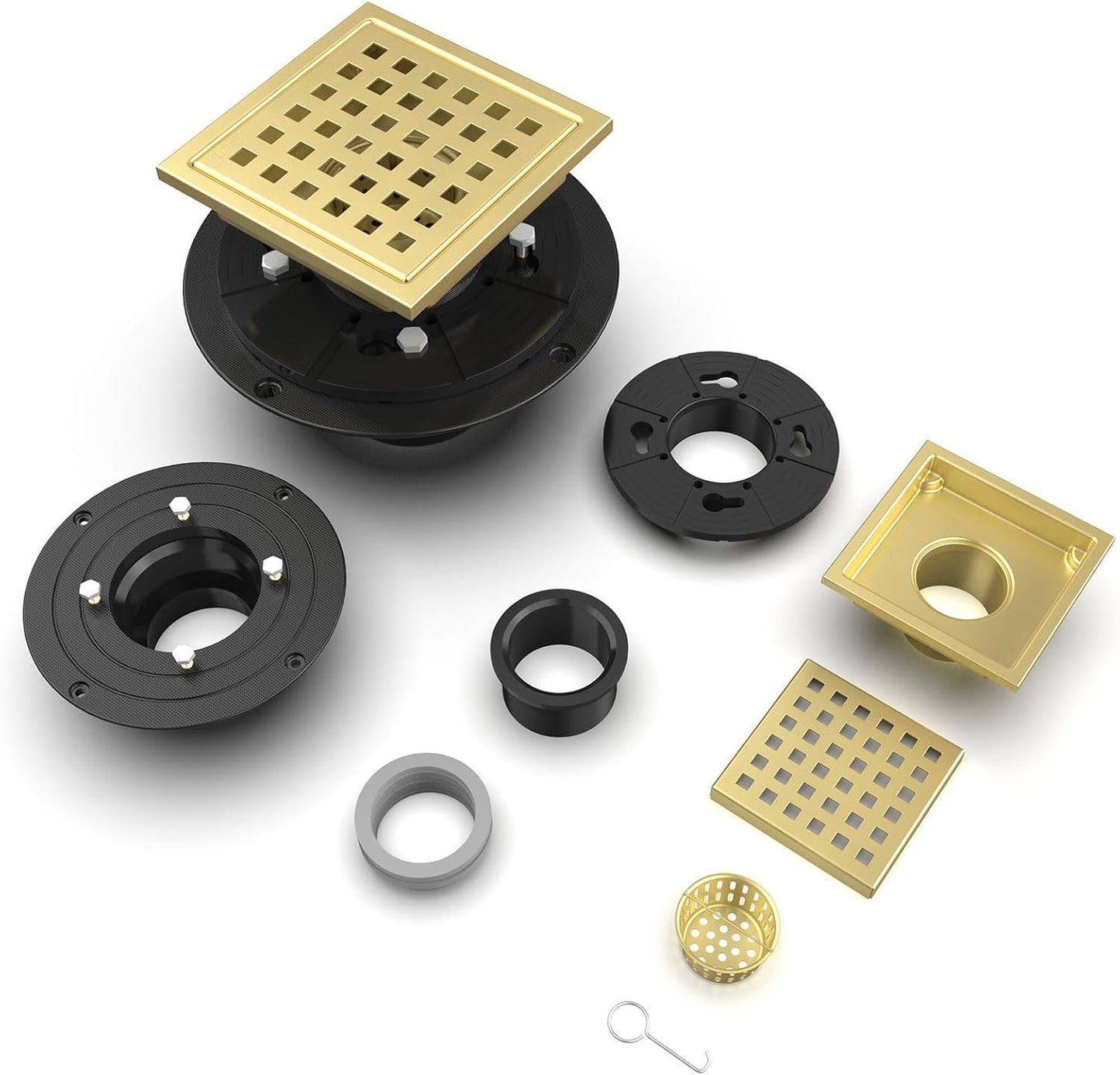 6 Inch/4 Inch Square Shower Drain SUS304 Stainless Steel Bathroom Floor Drain Strainer, Hair Catcher, Anti-Clog, Rust-Resistant, Fast Drainage (Brushed Gold)