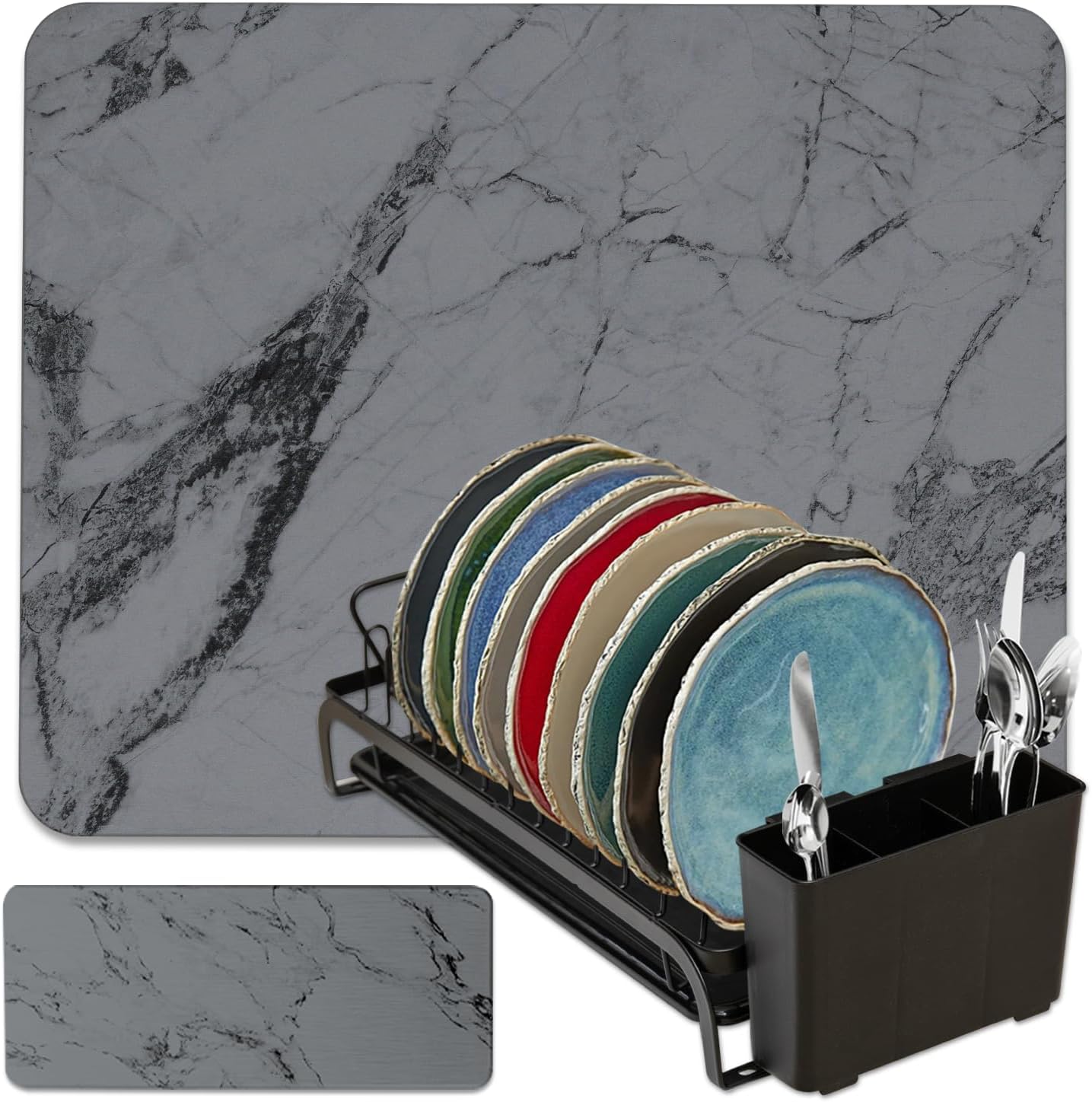 AquaTerra Diatomaceous Earth Drying Mat with Matching Sponge Caddy & Dish Rack | 3-Piece Set (Dark Gray Marble, Large) | Heat-Resistant & Multi-Purpose for Drying and Kitchen Organization
