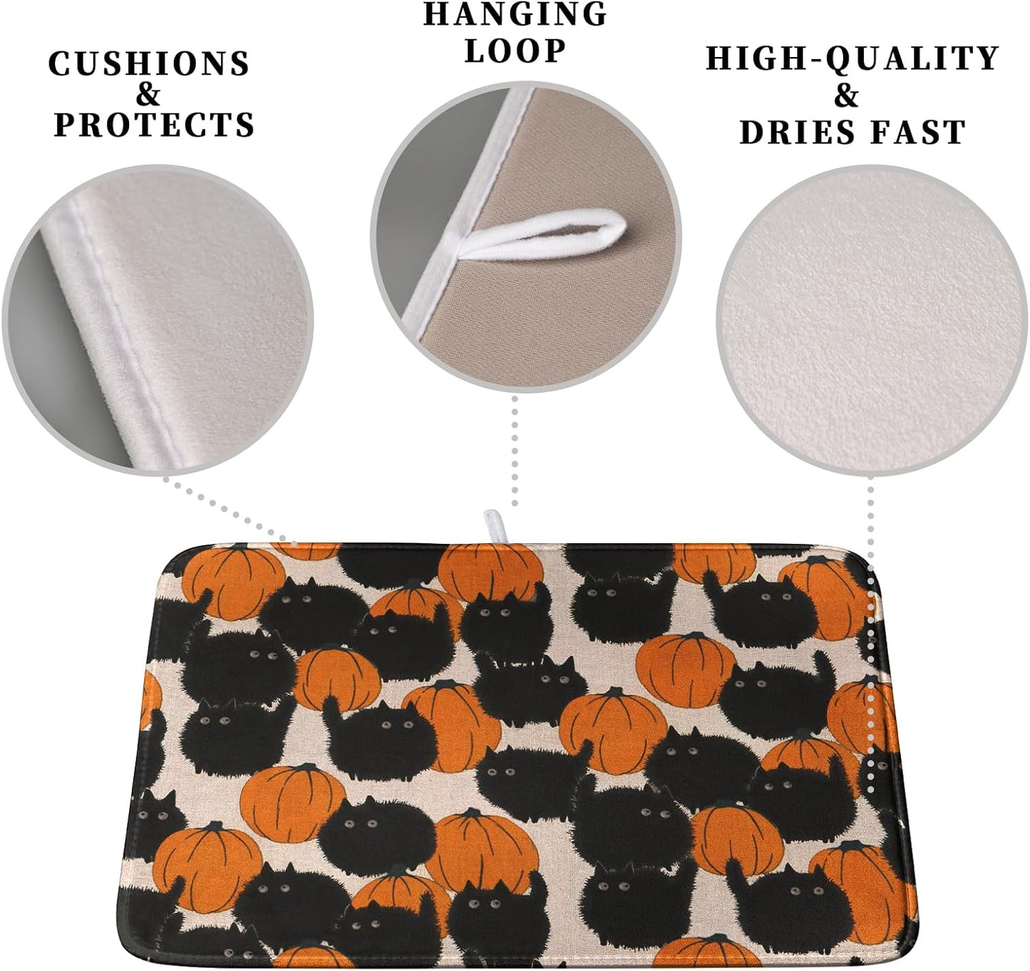 Happy Halloween Dish Drying Mat for Kitchen Counter 18x24 Inch Cute Pumpkin Black Cat Trick or Treat Drying Mats Large Microfiber Absorbent Dish Rack Pad for Coffee Bar Sinks Home Accessories