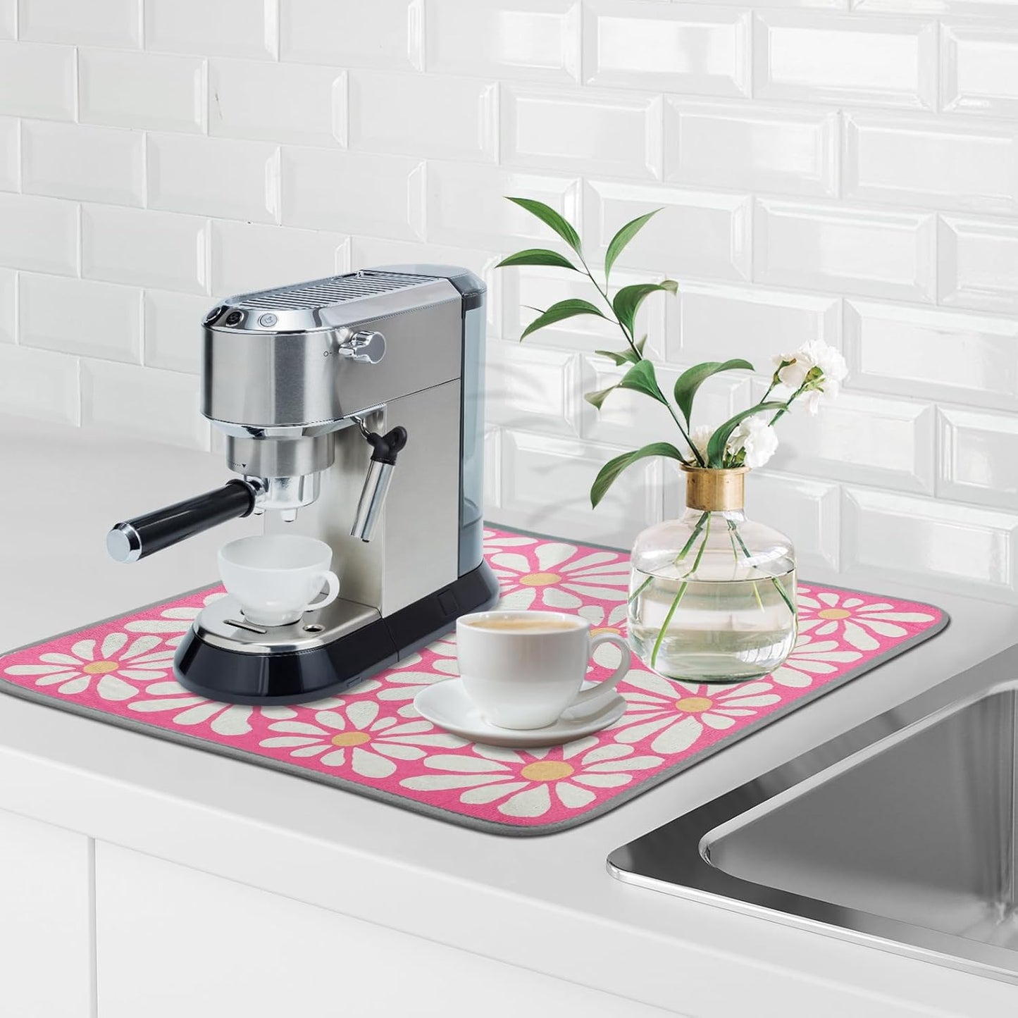 SHIYUE Dish Drying Mat for Kitchen Counter Super Absorbent Spring Kitchen Decor Microfiber Drying Matainers Rack Fast Pad Dish Drainer Mats(Pink Flower,16''x18'')