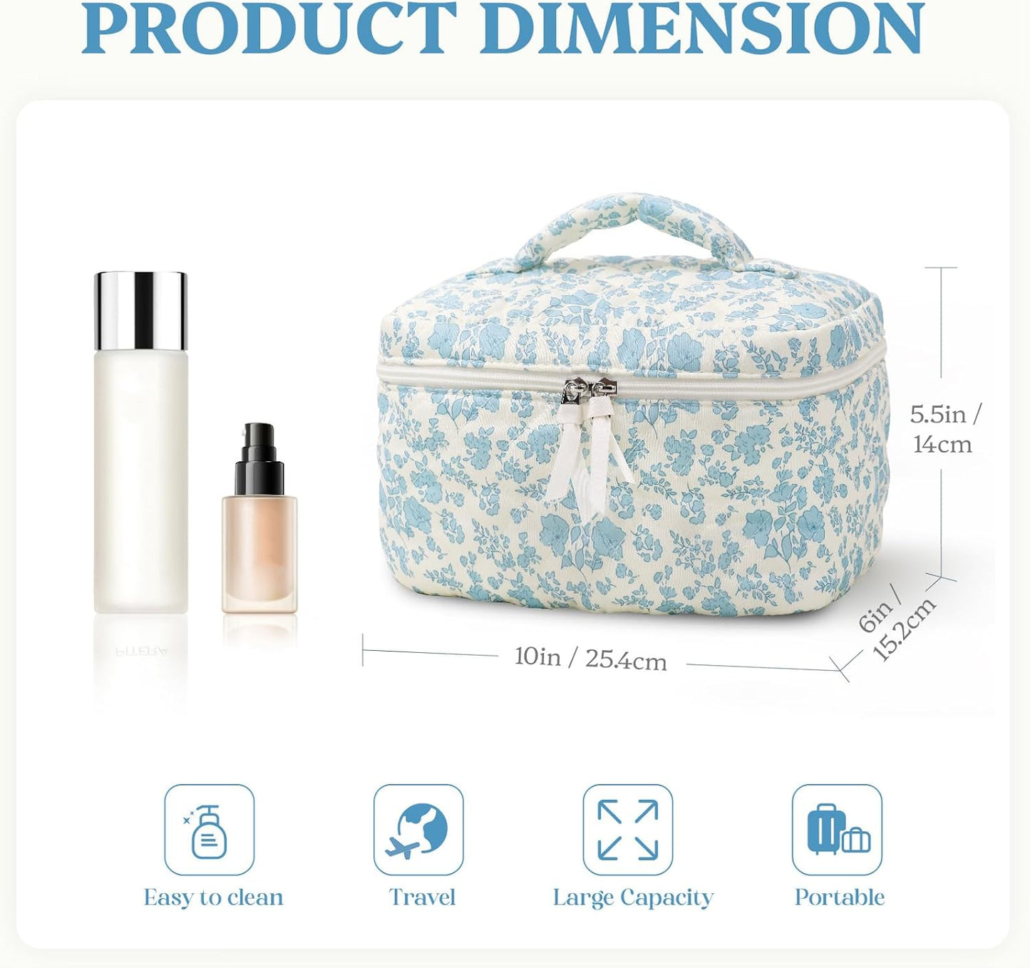 Prite Large Makeup Bag Cute Cosmetic Bag for Women Floral Coquette Aesthetic Toiletry Bag Travel Make Up Organizer Bag(Blue Flower)