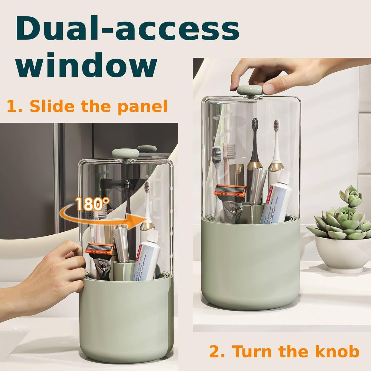 Toothbrush Holder with Cover 360 Rotating 4 Compartments Bathroom Toothpaste Electric Toothbrush Organizer, Light Green