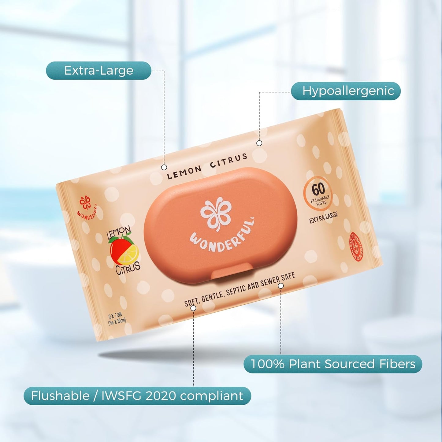 WONDERFUL Flushable Butt Wipes, Lemon Citrus 100% Plant-Based Wet Wipes for Adults & Kids; Sewer, Septic Safe; Gentle for Sensitive Skin, Wipes Flushable Pack for Bathroom & Travel, 3-Pack (180 Wipes)