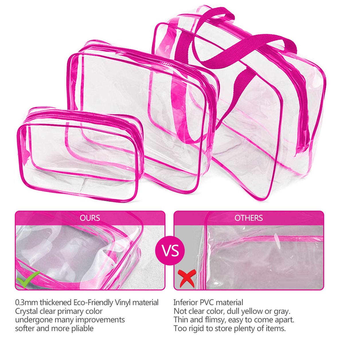 3Pcs Crystal Clear PVC Travel Toiletry Bag Kit for Women Men, Waterproof Vinyl Organizer Clear Makeup Bags with Zipper Handle Straps, Cosmetic Bag Pouch Carry on Airport Airline Compliant Bag Handbag