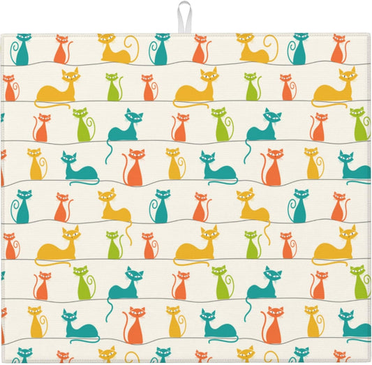 Mid Century Modern Cats Dish Drying Mat for Kitchen Counter Washable Absorbent Reversible Microfiber Cute Drying Pad Kitchen Accessories 16x18 Inch