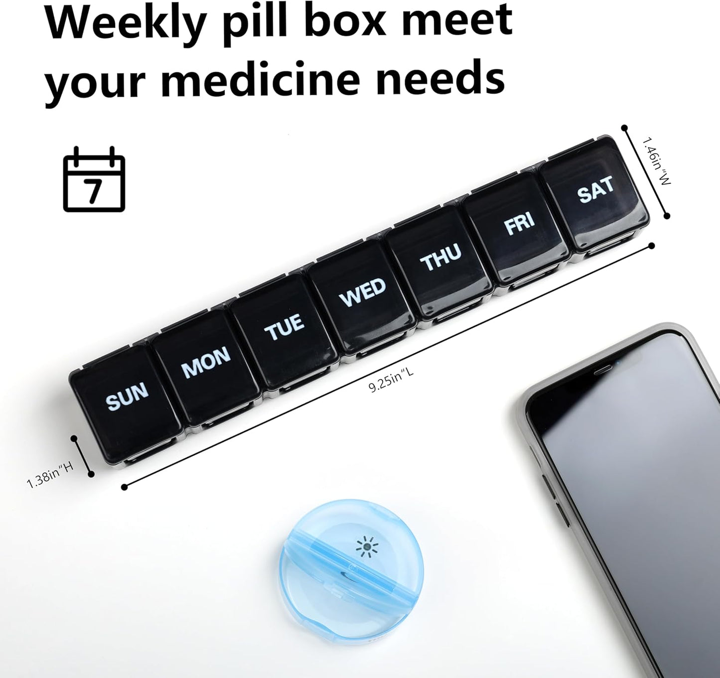 Sukuos Extra Large Weekly Pill Organizer, 7 Day Daily Pill Box Case Easy to Open, Silkscreen Printed Medicine Container with Clear Lid for Vitamins, Fish Oils or Supplements