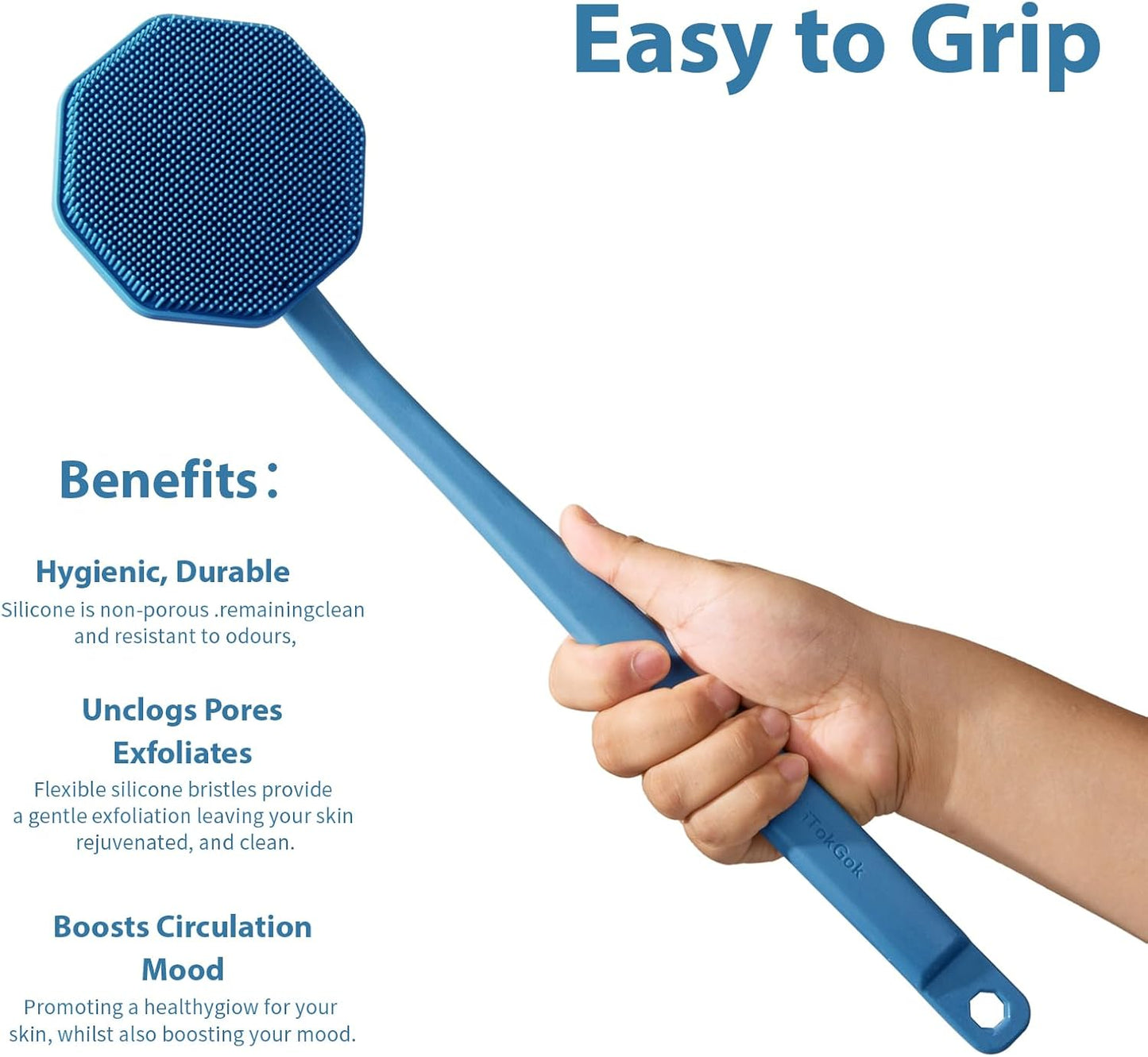 iTokGoK® All New Premium Silver-Infused Silicone Back Scrubber with Long Handle Back Brush for Shower,Back Brush Long Handle for Men and Women,Ergonomic No-Slip Handle, Long-Lasting (Blue)