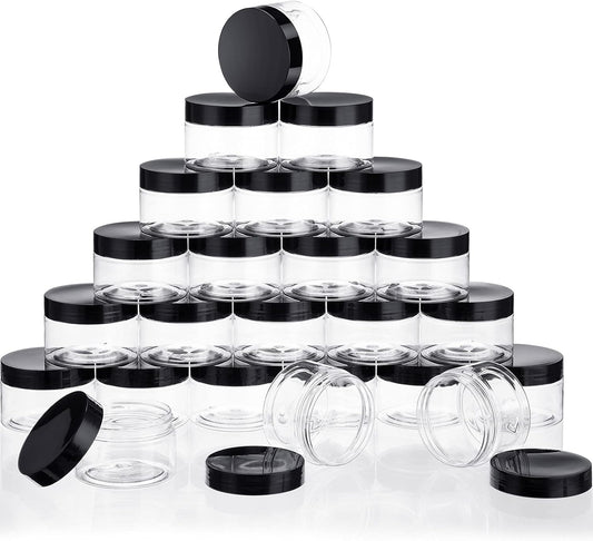 SATINIOR 24 Pieces Empty Clear Plastic Jars with Lids Round Storage Containers Wide Mouth for Beauty Product Cosmetic Cream Lotion Liquid Butter Craft and Food(Black Lid,12 oz)