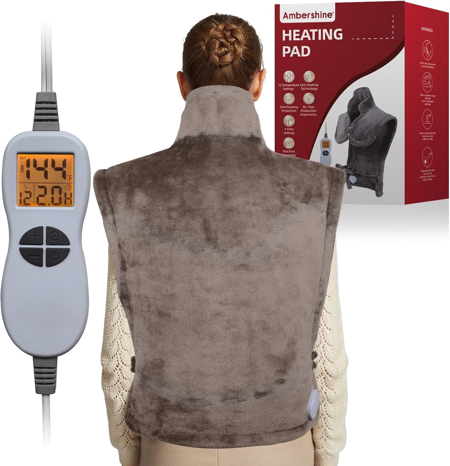 Ambershine 26"x35" XXXL King Size Neck& Shoulder& Back Heating Pad with 12 Temperature Settings& 4 Auto-Off Countdown Timers, Pain Relief for Back/Neck/Shoulder, Christmas Gift for mom dad(Light Tan)