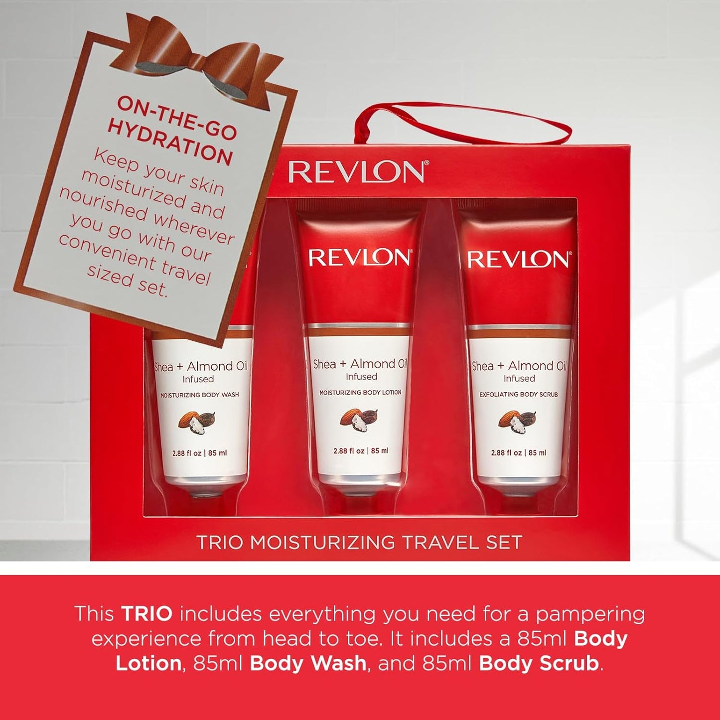 REVLON Get Carried Away Trio Moisturizing Travel Set, Shea Butter and Almond Oil Infused, Moisturizing Body Wash, Body Lotion, Exfoliating Body Scrub, 3 Count (2.88 fl oz)