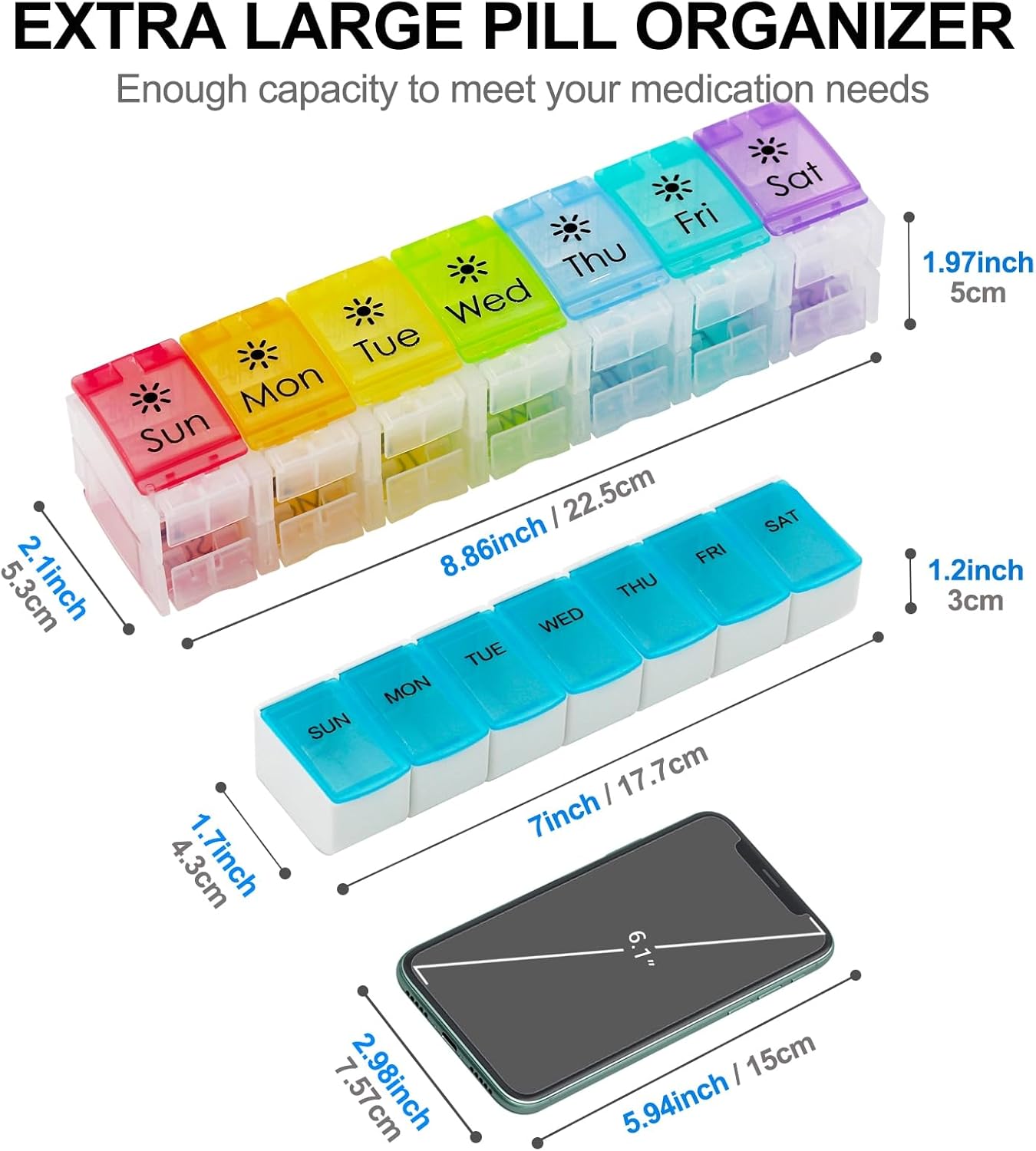 XL Large AM/PM Weekly Pill Organizer Arthritis Friendly, 2 Times a Day Pill Box with Spring Open Design, 7 Day Vitamin Case with Push Button Compartments (Clear)