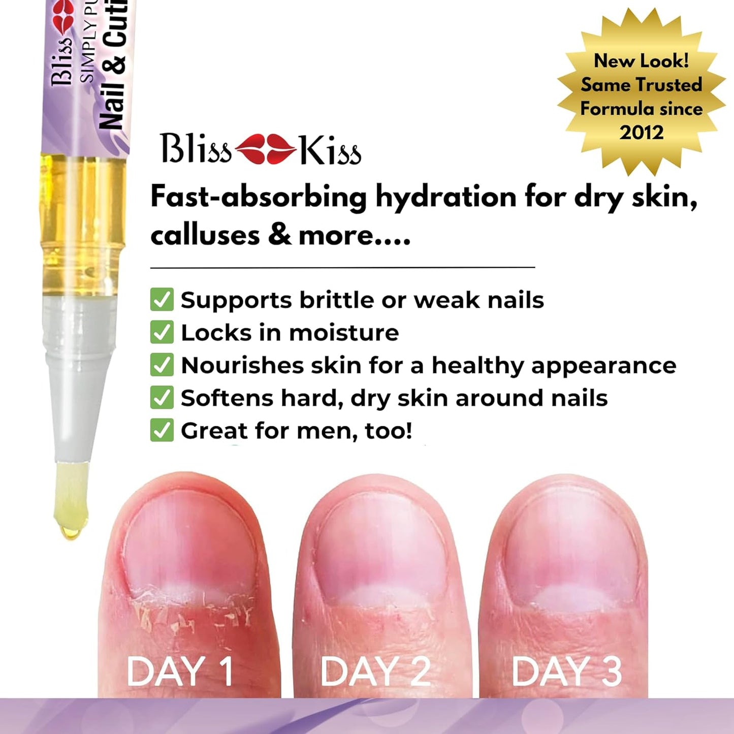 Bliss Kiss | 1 Lavender Vanilla | Nail Oil Cuticle Pen w/Vitamin E & Jojoba⏤Nail Strengthener Nail Growth Serum for Brittle Peeling Breaking Thin Nails