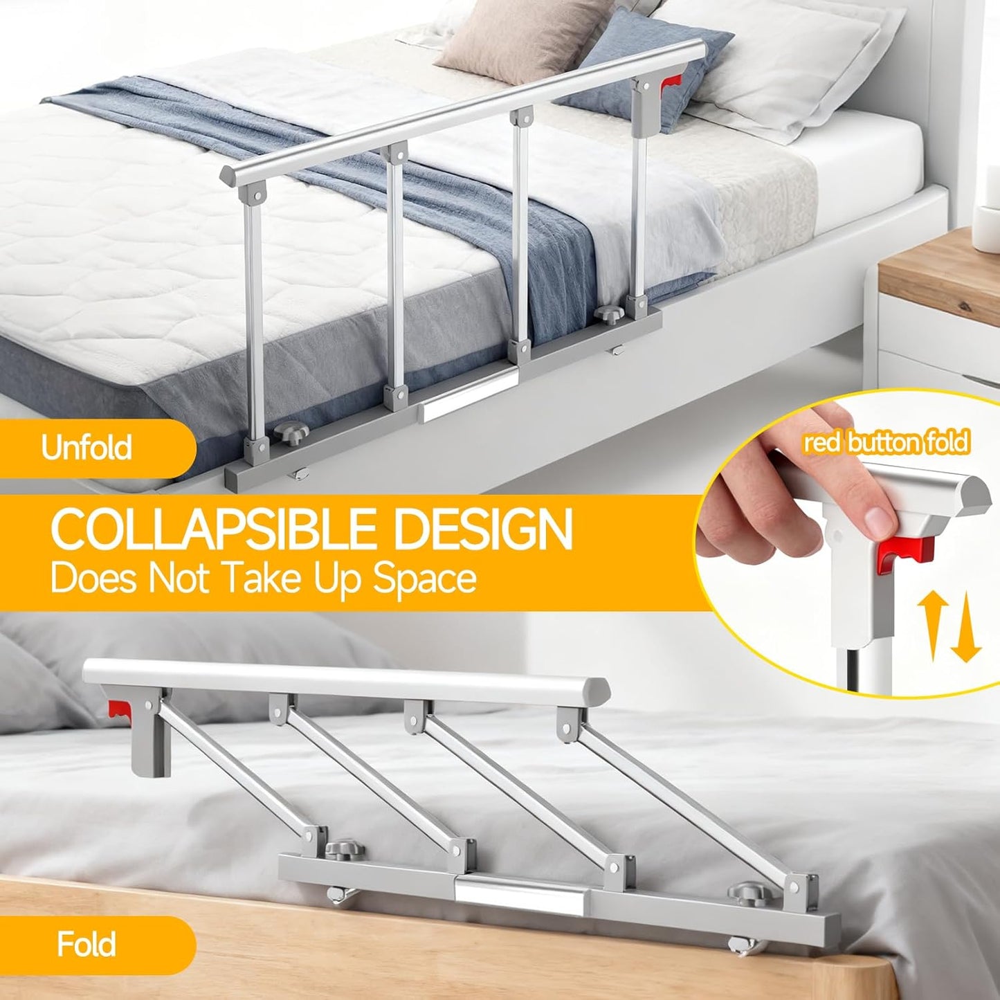 Bed Rails for Elderly Adults Safety, Folding Assist Handle with Motion Sensor Light, Fall Prevention Guard for Seniors & Surgery Patients, Fits Twin, Queen & King Beds, Tool-Free Assembly