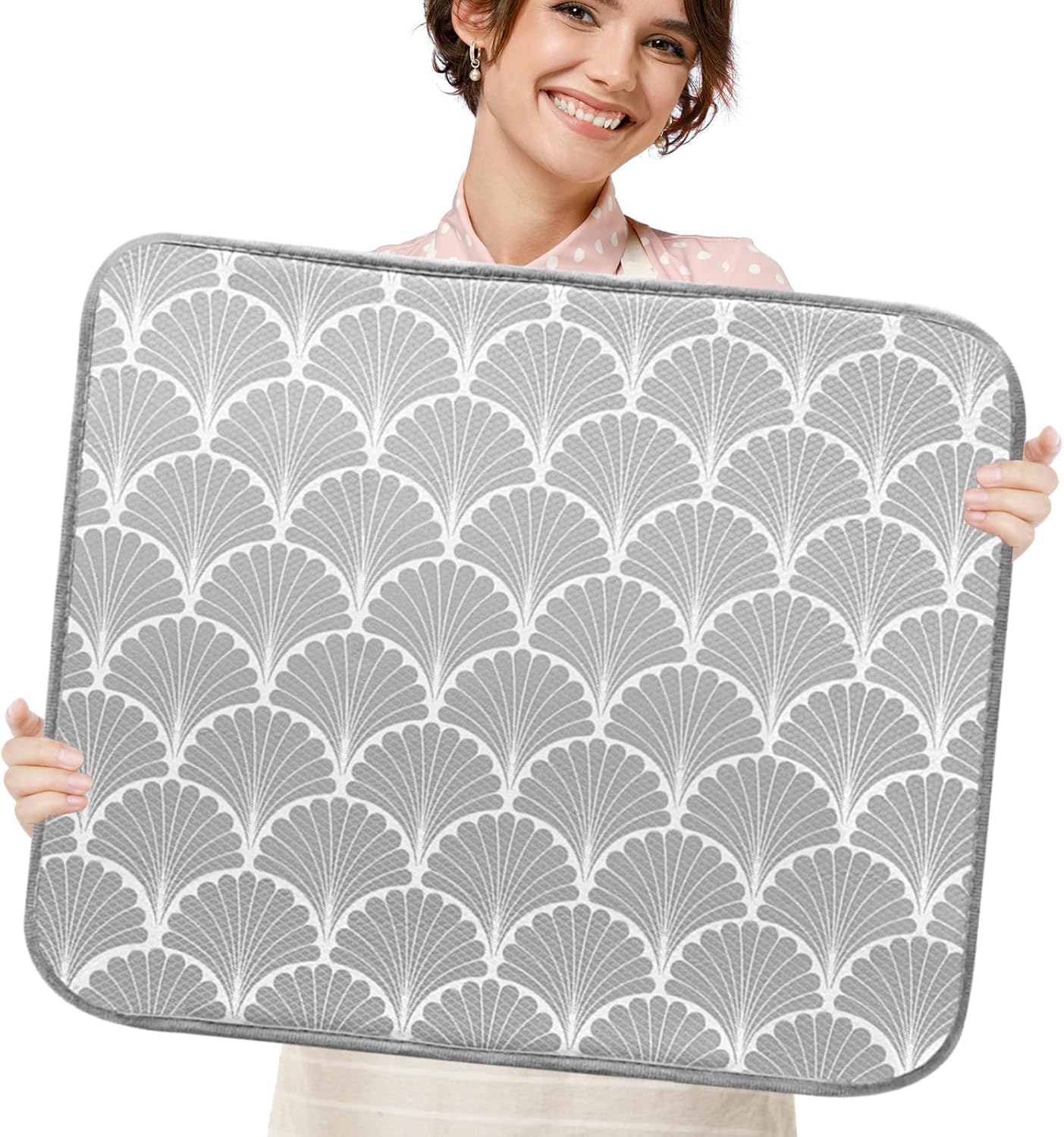 SHIYUE Dish Drying Mat for Kitchen Counter Super Absorbent Spring Kitchen Decor Microfiber Drying Matainers Rack Fast Pad Dish Drainer Mats(Grey Shell Geometric,18''x24'')