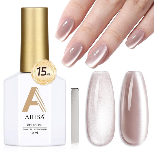 AILLSA Cat Eye Gel Nail Polish Nude Glitter Crystal Polish with Magnet, Glass Sparkle Nail Polish Reflective Shimmer Translucent Jelly Color U V Gel Salon DIY at Home 0.5 OZ GF26