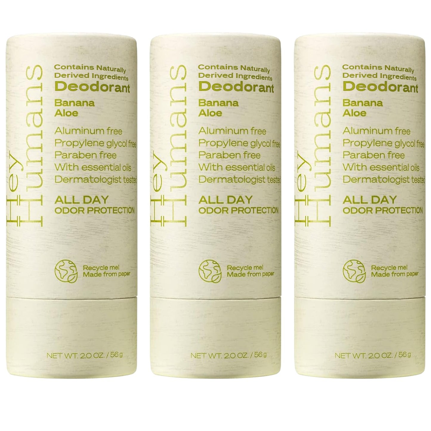 Hey Humans Deodorant, Aluminum Free Deodorant for Women and Men, Contains Naturally Derived Ingredients, All Day Odor Control, Refreshing Essential Oils, Earth Friendly Package, Banana Aloe