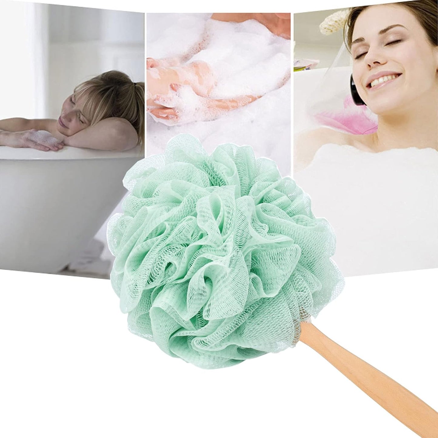 Loofah Sponge Back Scrubber, Wooden Long Handle Bath Sponge Lufa Shower Brush, Soft Nylon Mesh Back Cleaner Washer, Men & Women Exfoliating Luffa Pouf on a Stick for Body (Green)