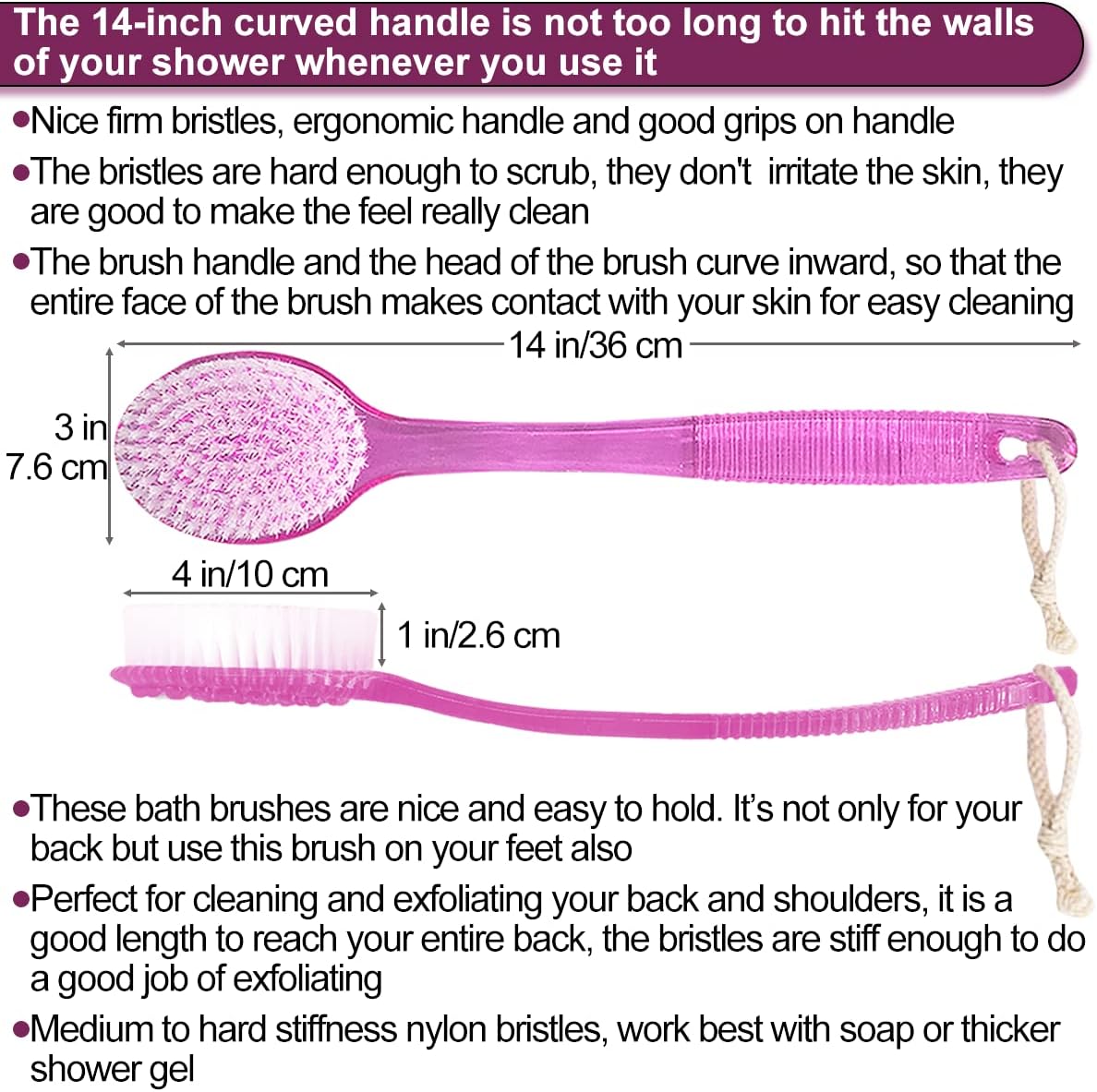 Back Bath Brush - Curved Long Handle Shower Brush with Medium Stiff Bristles for Exfoliating Body, Back Scrubber for Men & Women (Pink 2 Pack)