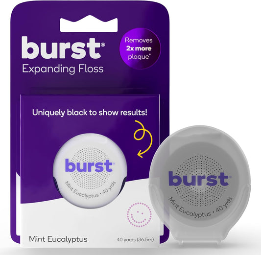 BURST Expanding Dental Floss (Mint Eucalyptus/40 Yards) | Stain Absorbing & Woven with Xylitol Coating to Fight Cavities | Vegan | Paraben Free