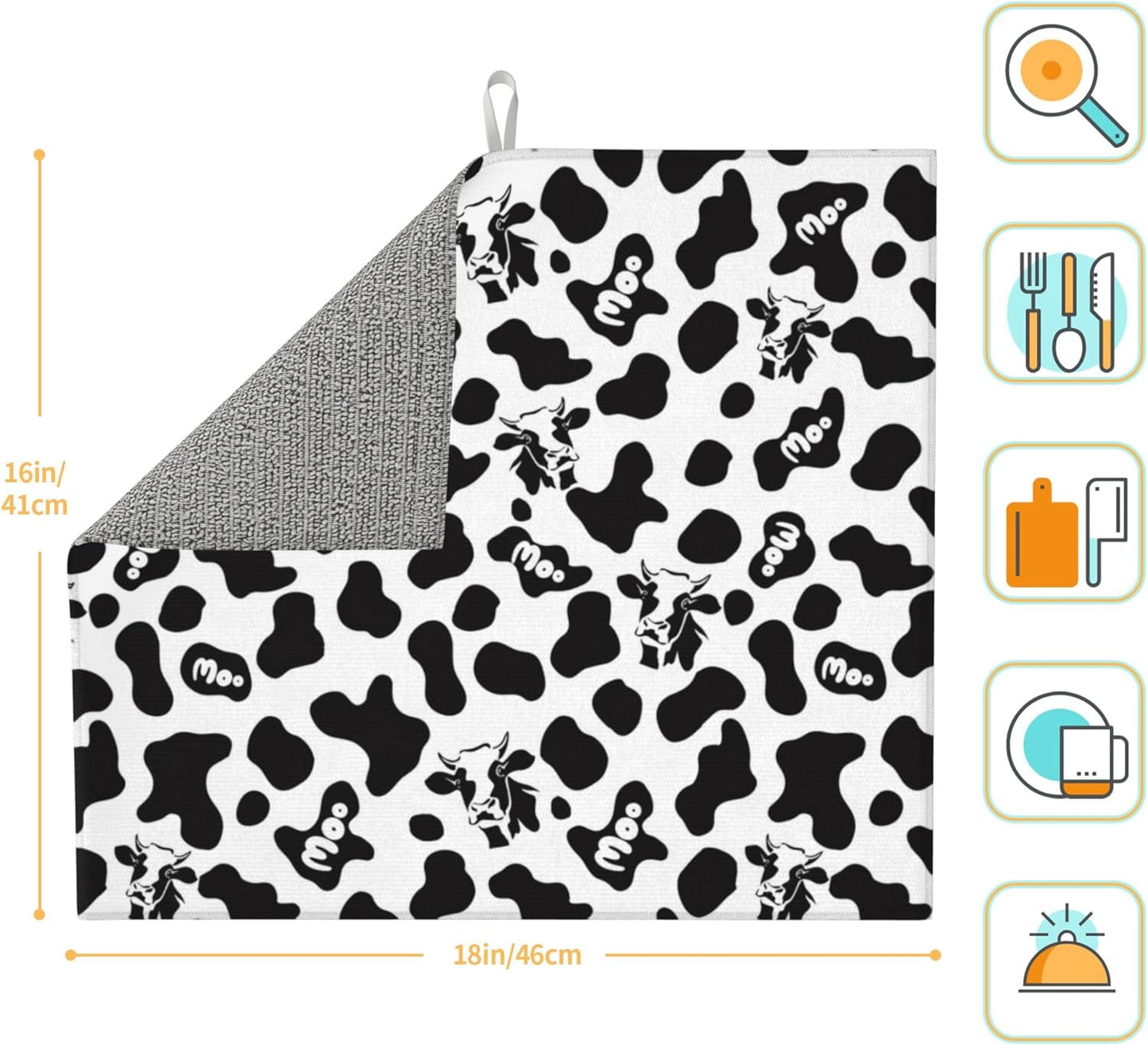 Cow Print Dish Drying Mat for Kitchen Counter Black White Decorative Dish Drainer Rack Mats 16x18 Inch Absorbent Reversible Drying Pad
