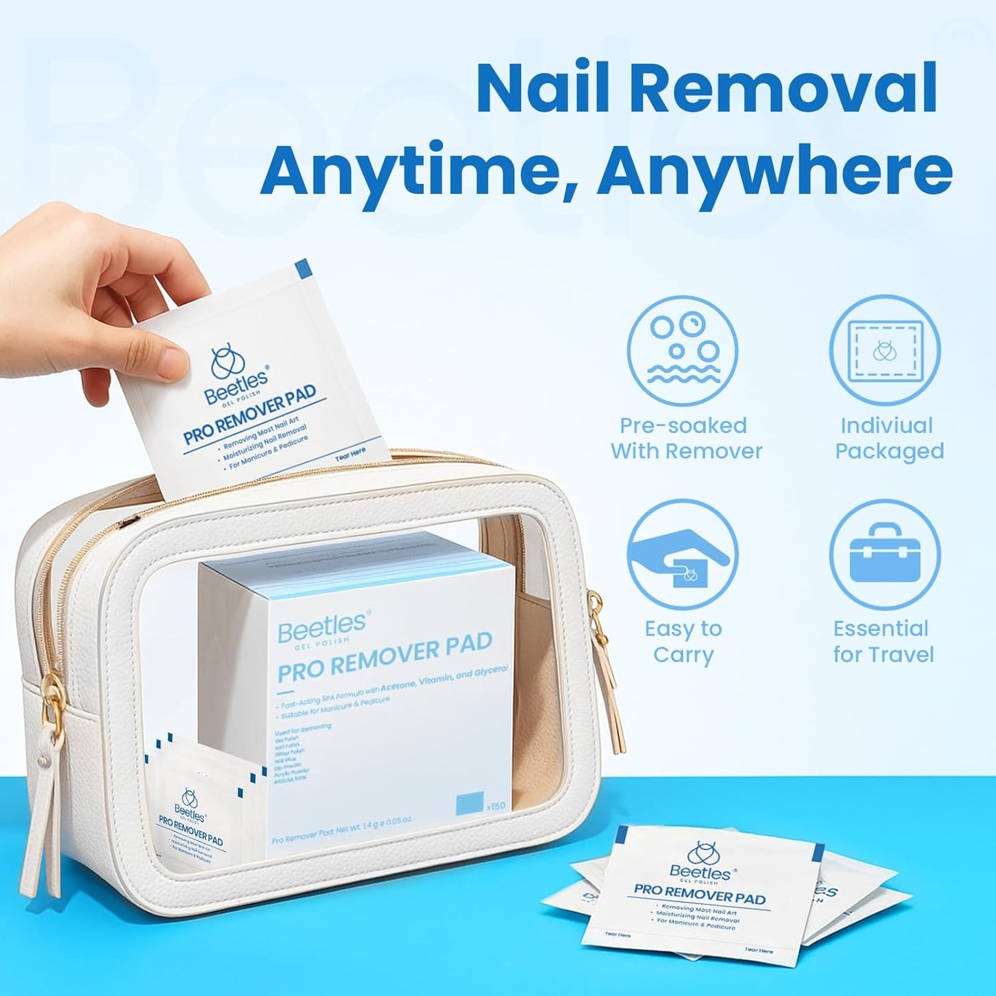 Beetles Gel Nail Polish Remover Kit – 150PCS Pro Remover Pads, Acetone & Vitamin Formula, Cuticle Oil, Alcohol Wipes and Nail Tools for Manicure Gel Polish Remover Portable Set