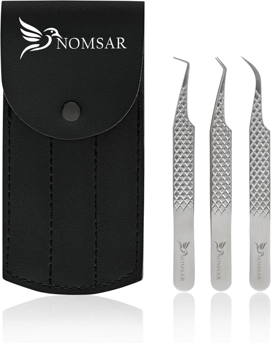 Eyelash Tweezers with Curved Fiber Tip, Precision lashes Tweezers, Stainless Steel with Diamond Grip for Volume lash Extension Application & Multipurpose (Silver)