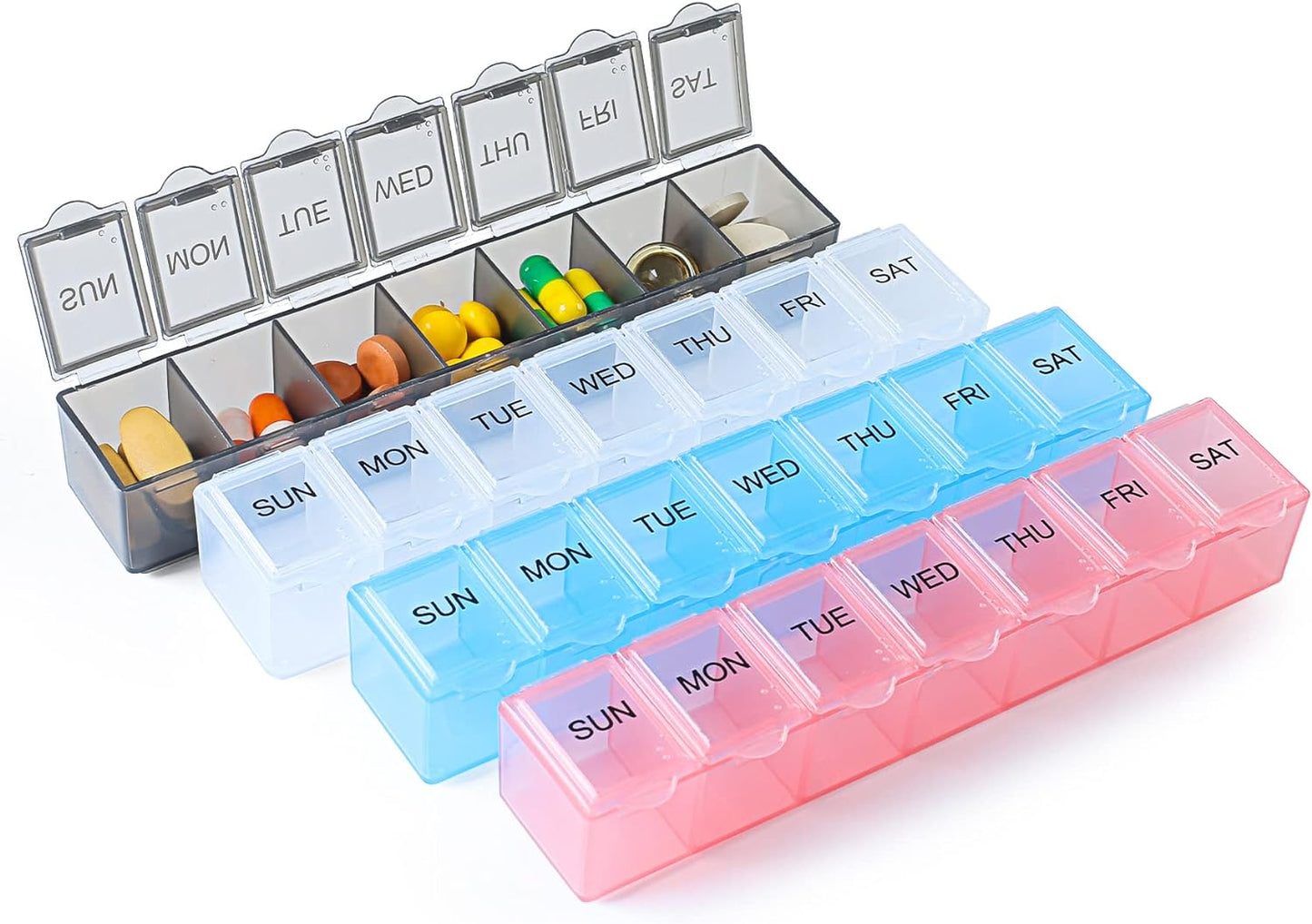 4 Pack Weekly Pill Organizer, 7 Days Pill Case Travel Daily Pill Box Portable Medicine Organizer and Planner with Compartment for Vitamins, Fish Oil, Supplements and Medication (4 Colors)