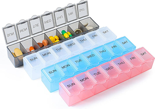 4 Pack Weekly Pill Organizer, 7 Days Pill Case Travel Daily Pill Box Portable Medicine Organizer and Planner with Compartment for Vitamins, Fish Oil, Supplements and Medication (4 Colors)