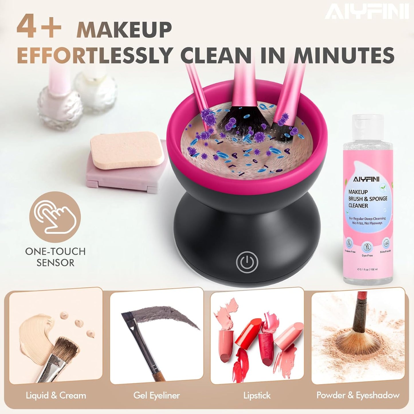 Alyfini Electric Makeup Brush Cleaner Machine, Powerful Friction Removes Residue on Make up Brushes Set/Sponge/Powder Puffs, Efficient Cleaning, Portable Spinning Washer, Save Cleanser & Shampoo