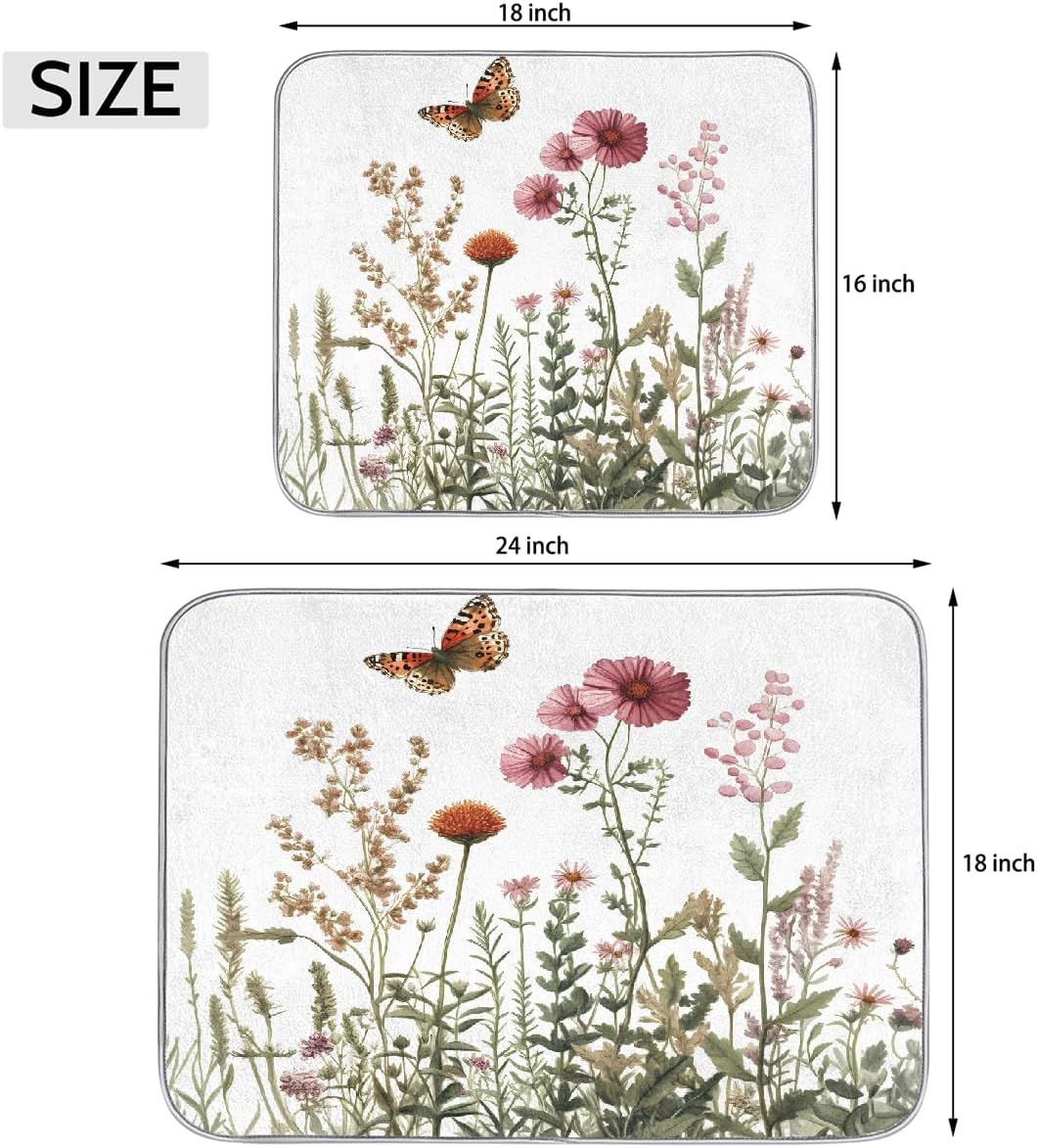 Dish Drying Mat Spring Botanical Butterfly Wildflowers Large Drying Mat for Kitchen Counter 18x24in Absorbent Dish Drainer Rack Pad, Heat Resistant Coffee Bar Mats Countertop Protector