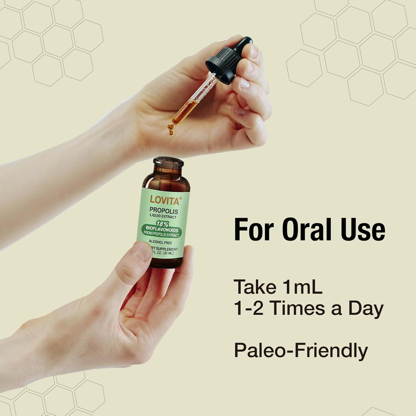 Lovita Bee Propolis Liquid Extract 500mg, 5:1 Resin Drops with 18% Bioflavonoids, Alcohol-Free Antioxidant, Immune Support & Throat Soothing, Gluten-Free, Non-GMO, 1 Fl Oz (30 mL), 90 Day Supply