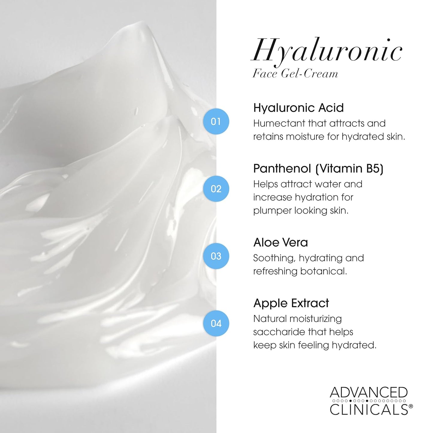 Advanced Clinicals Hyaluronic Acid Moisturizer Gel Face Cream W/Vitamin E + B5 | Hydrating & Vitamin C Face Lotion Hydrates Dry Skin & Improve Look Of Wrinkles & Fine Lines, 2 Fl Oz