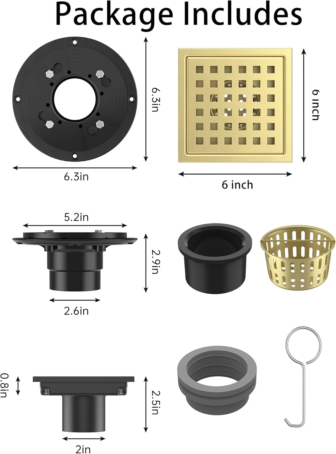 6 Inch/4 Inch Square Shower Drain SUS304 Stainless Steel Bathroom Floor Drain Strainer, Hair Catcher, Anti-Clog, Rust-Resistant, Fast Drainage (Brushed Gold)