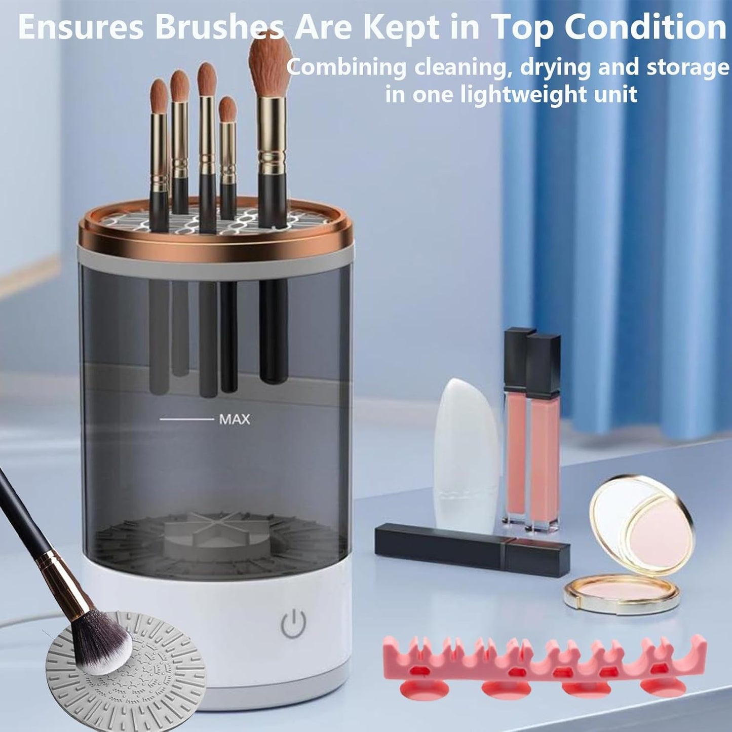 Makeup Brush Cleaner Machine, Portable Electric Makeup Brush Cleaner, Efficient Deep Cleaning Makeup Brushes, Automatic Spinning Make Up Brush Cleaner Fit for All Size Cosmetic Brush (Grey)