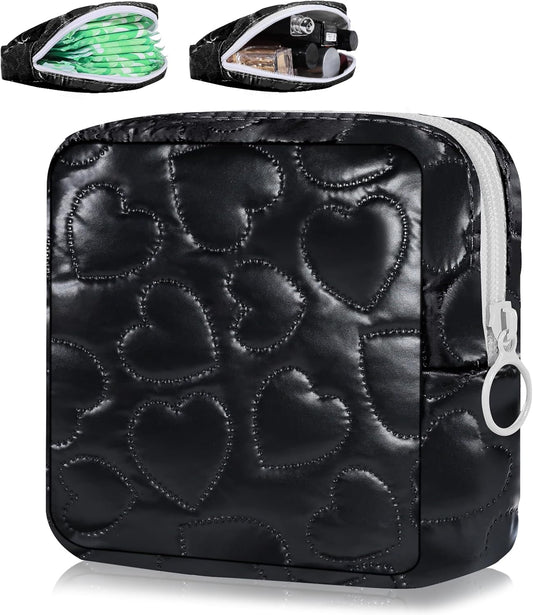 Sanitary Napkin Storage Bag Soft PU Leather Sanitary Pad Bags for Period Teen Period Pads Pouch for Panty Liners, Tampons, Menstrual Cup - Black