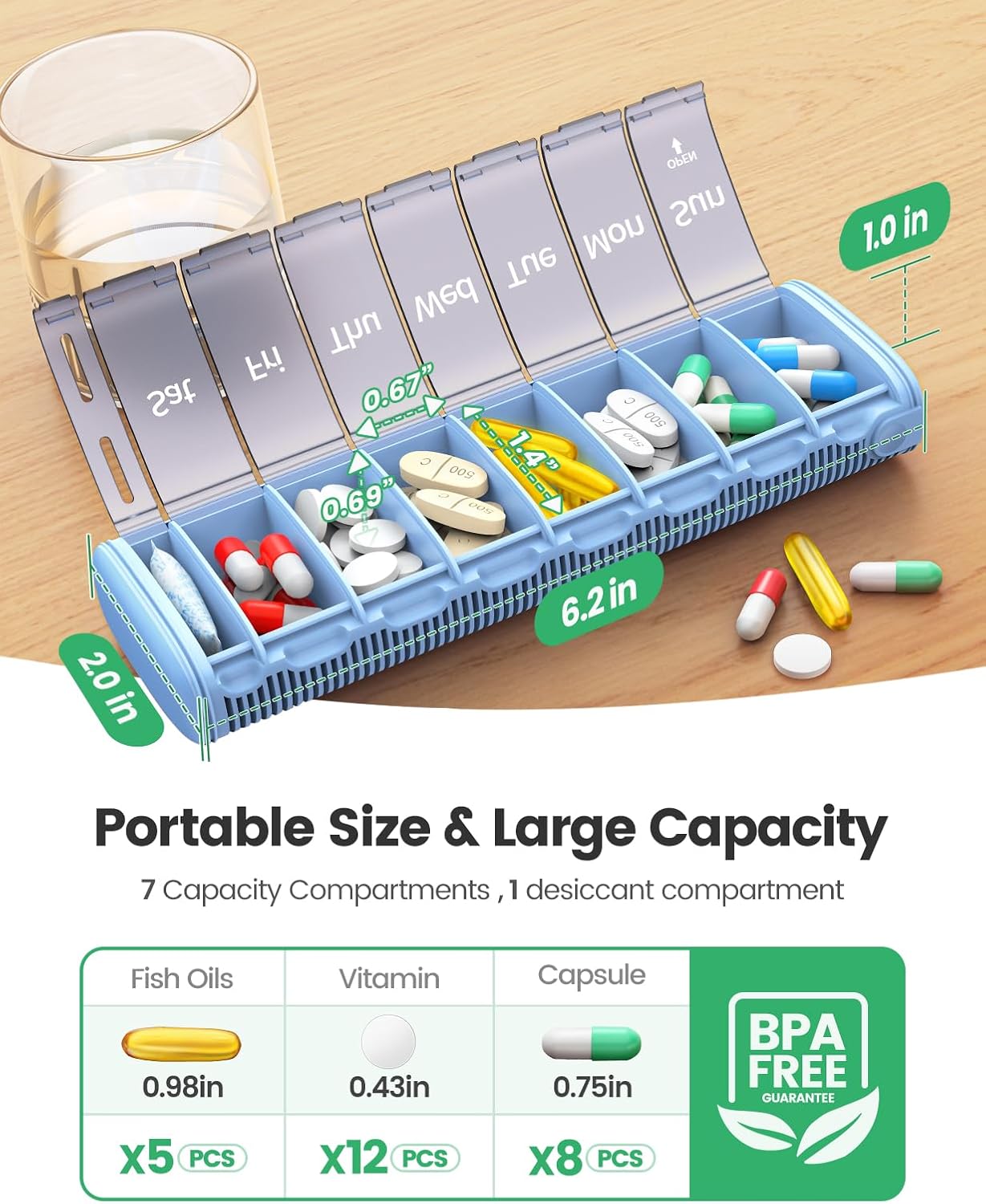 Weekly Travel Pill Organizer,Ideerfit Small Pill Box 7 Day,Portable Pill case,Daily Medicine Box,Drawer Design Pill Container for Medication, Vitamins, Fish Oils, Supplements,Pink