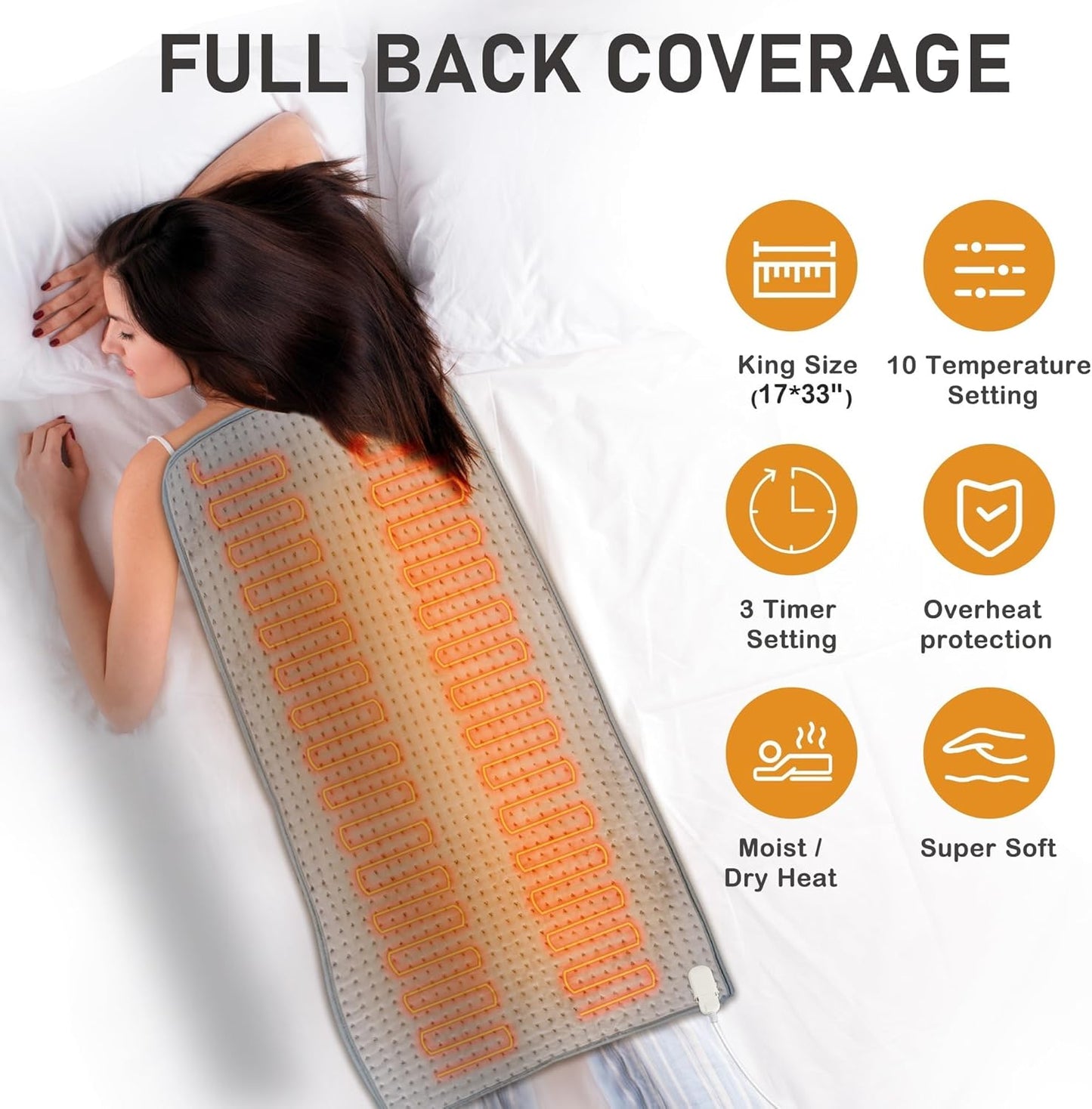 Large Heating Pad for Back Pain & Cramps Relief, 17x33 Inch, 10 Heat Settings & Moist Heat Therapy, 3 Auto Shut-Off Timers, Electric Heating Pad for Shoulder & Neck