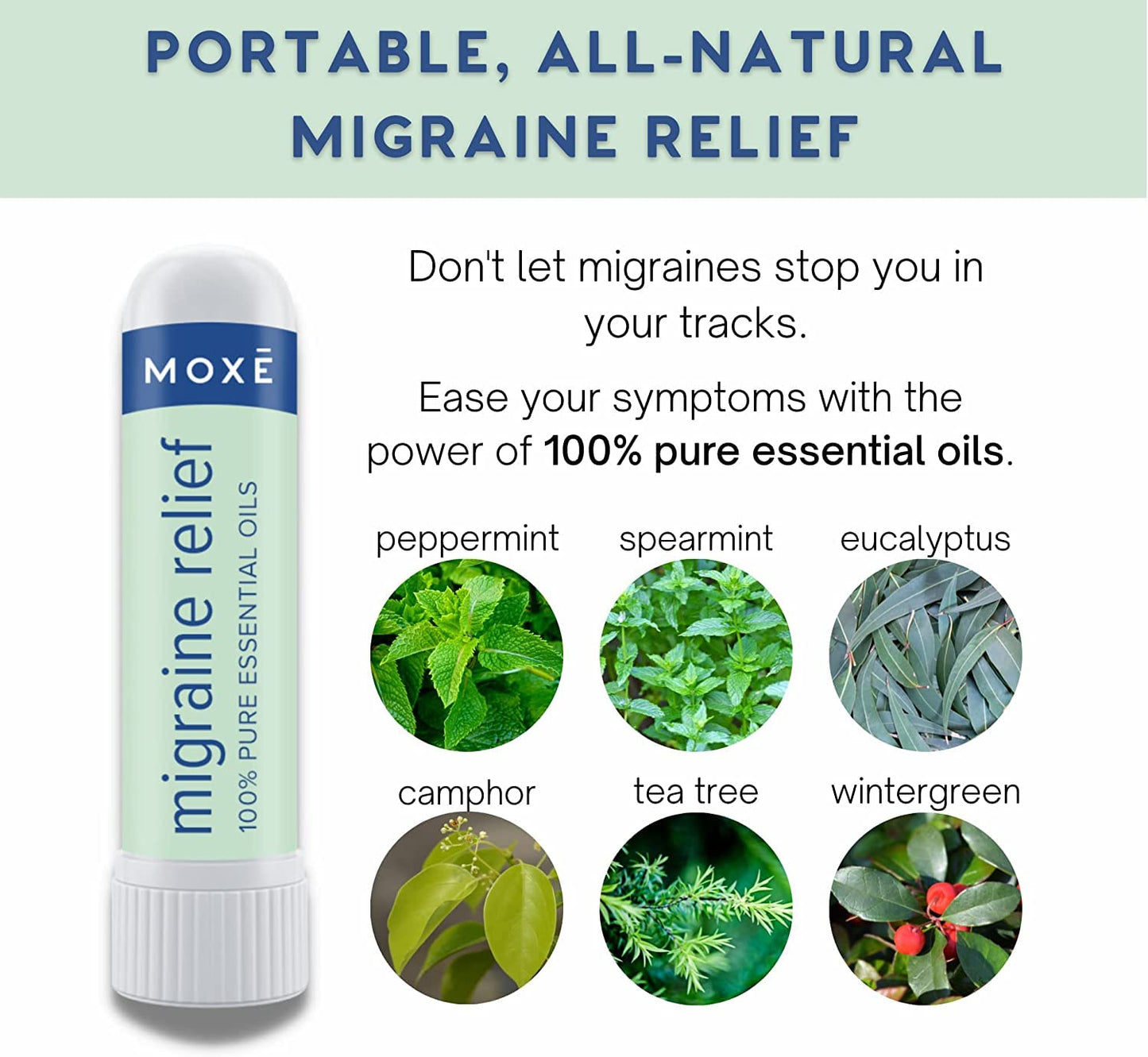 MOXE Migraine Relief Nasal Inhaler, Essential Oils for Headaches & Tension Relief, Portable Aromatherapy, Easy-to-Use, Pure & Undiluted, Peppermint, Spearmint, Eucalyptus, Tea Tree, USA Made, 1 Pack