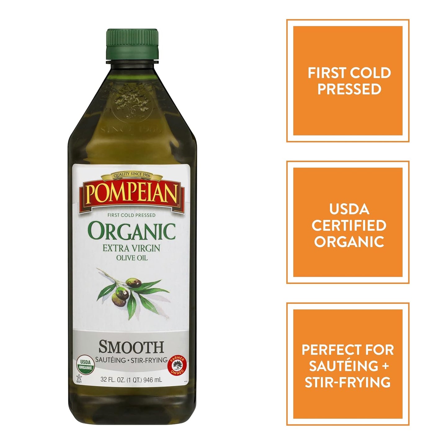 Pompeian USDA Organic Smooth Extra Virgin Olive Oil, Contains Polyphenols, First Cold Pressed, 32 Fl Oz