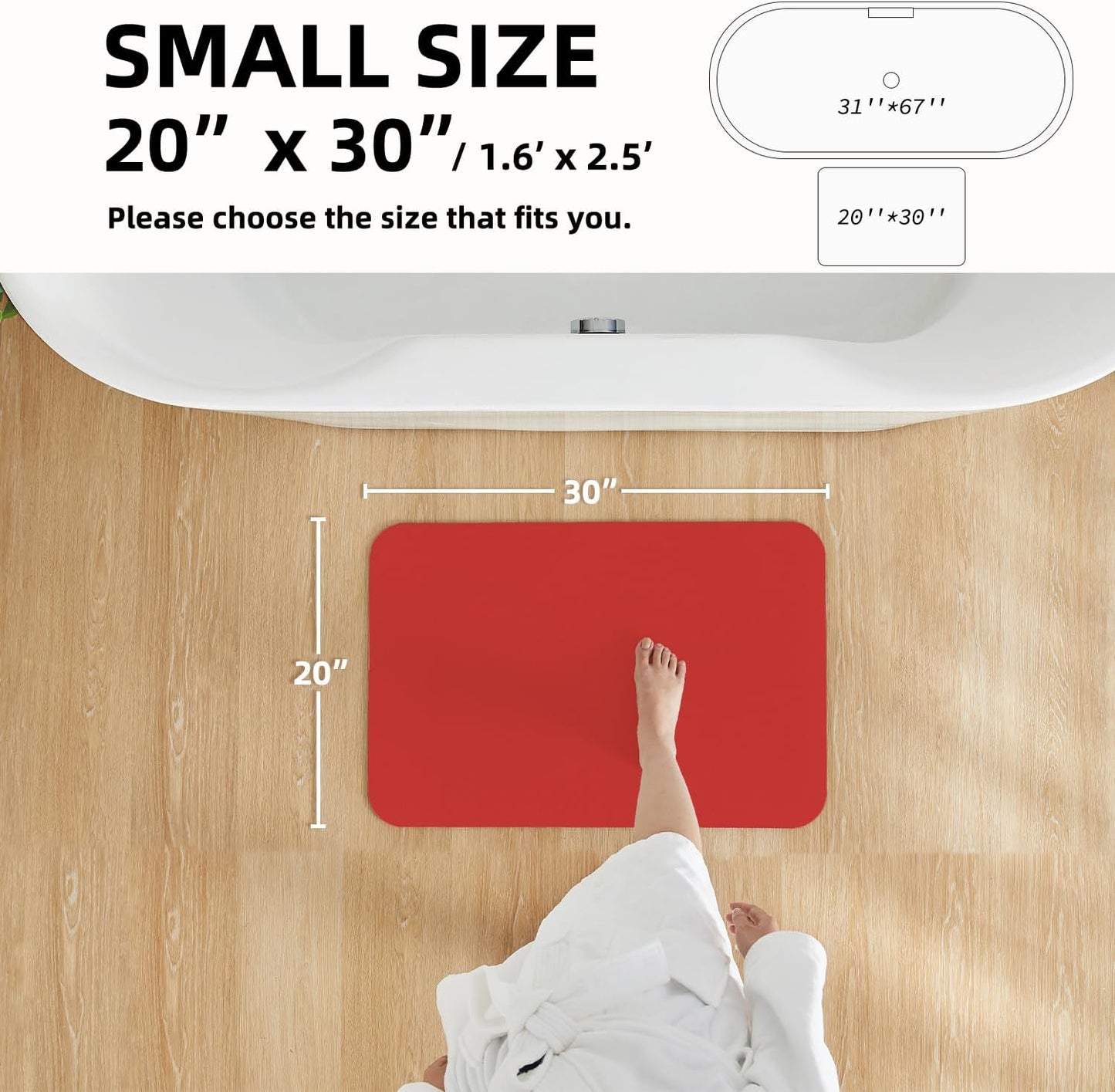 Christmas Bath Mat, Red Bathroom Rugs Non Slip Washable Thin Absorbent Bath Mat Fits Under Door Bathroom Floor Mat Perfect for Bath, Shower, or Sink 20"x30" Red