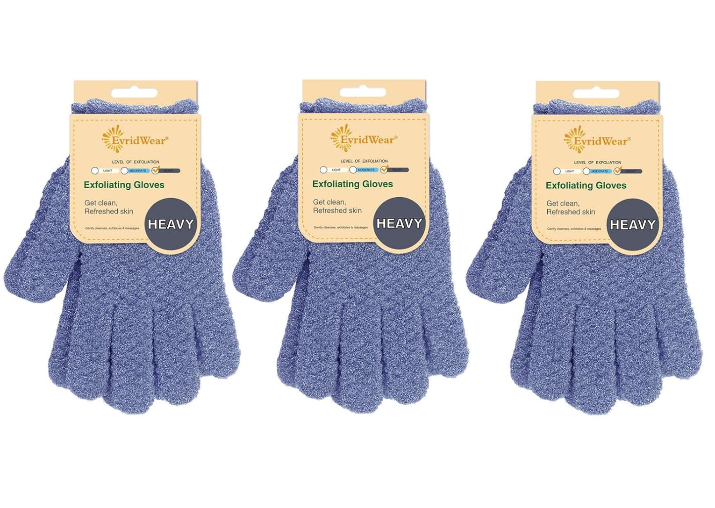 Evridwear Exfoliating Glove for Shower Man and Women, Dual Texture Bath Body Scrub Gloves Dead Skin Cell Remover for Massage (3 Pairs Heavy)