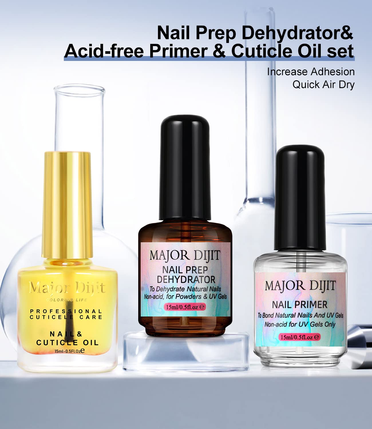 Major Dijit Nail Dehydrator and Nail Primer with Cuticle Oil Set Air Dry Superior Bonding Primer for Acrylic Powder