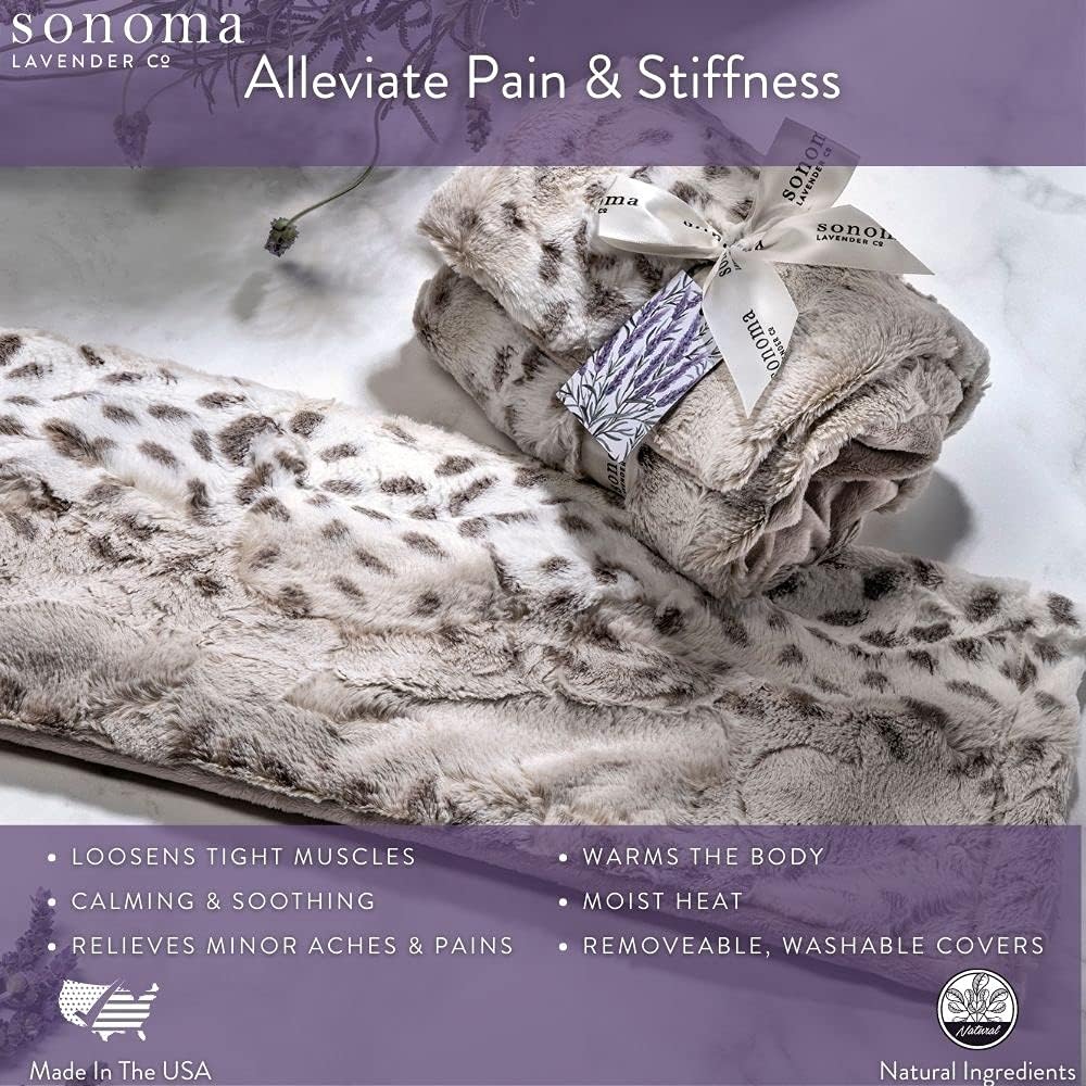 Sonoma Lavender Spa Heat Wrap for Neck, Shoulders and Lower Back, Microwaveable Lavender Aromatherapy Heating Pad, Removable and Washable Covers, Stress and Pain Relief (9" x 26", Platinum Angora)