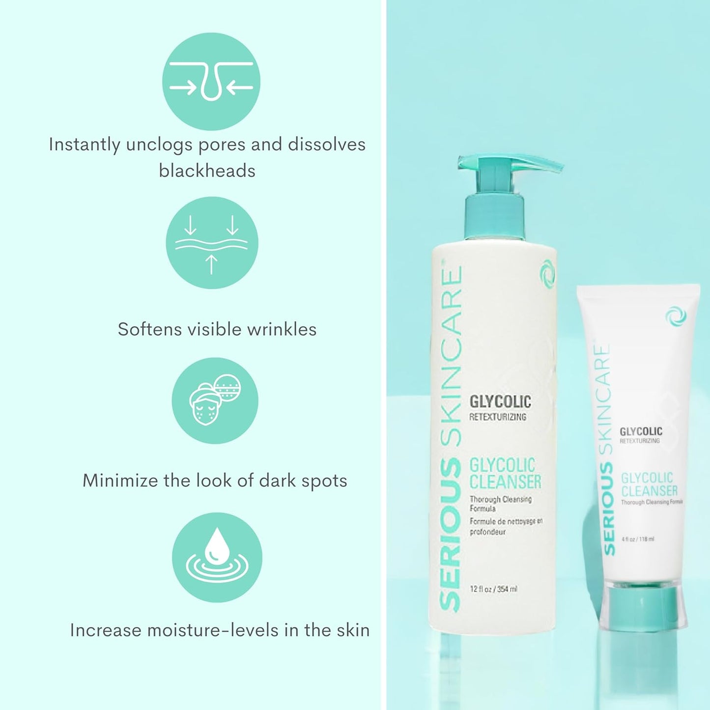 Serious Skincare Glycolic Cleanser - Glycolic Acid Skin Exfoliating Face Wash - 10% Glycolic Acid - Deep Pore Purifying - Removes Makeup, Oil, and Impurities - Shave Prep - Anti-Aging AHA 12 Oz & 4 Oz