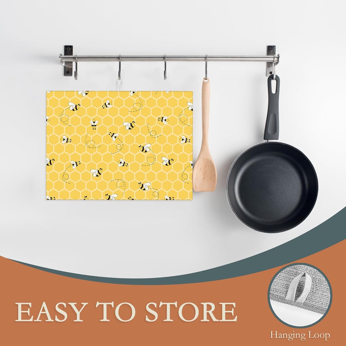 Yellow Bees Dish Drying Rack Mats Decor,Honey Honeycombs Dish Pad Drying Mat Kitchen Counter 18x24 Inch Absorbent Reversible Microfiber for Coffee Bar Sink Countertop