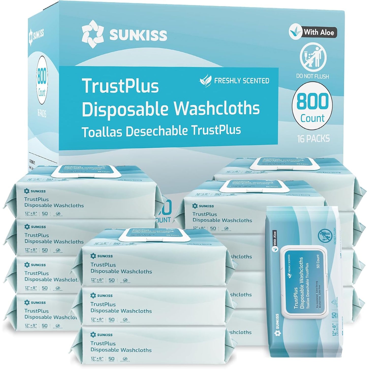 SUNKISS Trustplus Wet Wipes for Adult No Rinse, Extra Large 8”x12” Body Cleaning Washcloths for Elderly Incontinence & Cleansing, Fresh Scented, 800 Count (16 Packs of 50)