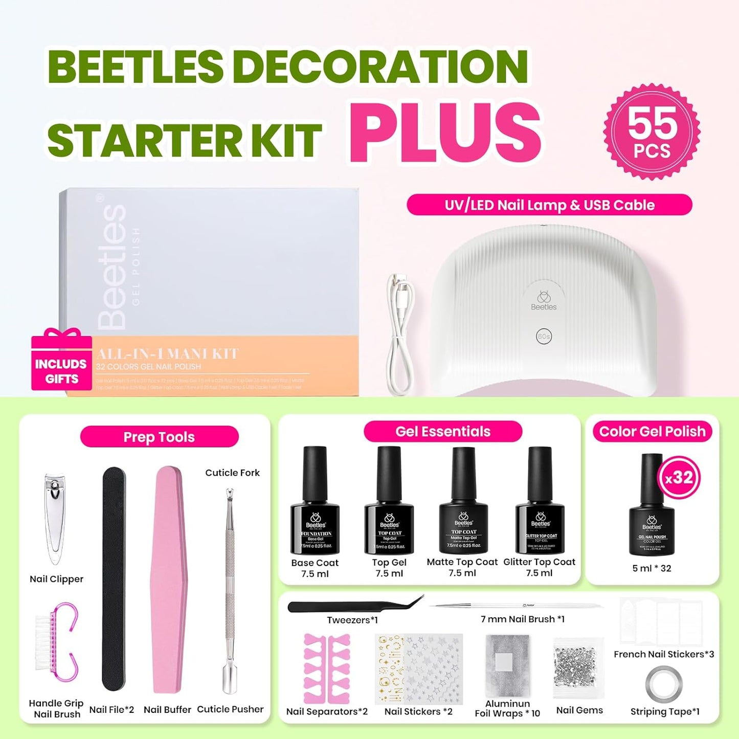 Beetles Gel Nail Polish Kit with U V Light - 32 Colors Nail Kit 55 Pcs Gel Polish Set Four Seasons Glow Pro Base & Matte Glossy Top Coat Nails Stuff Soak Off DIY Art Set Gifts for Women Teen Girls